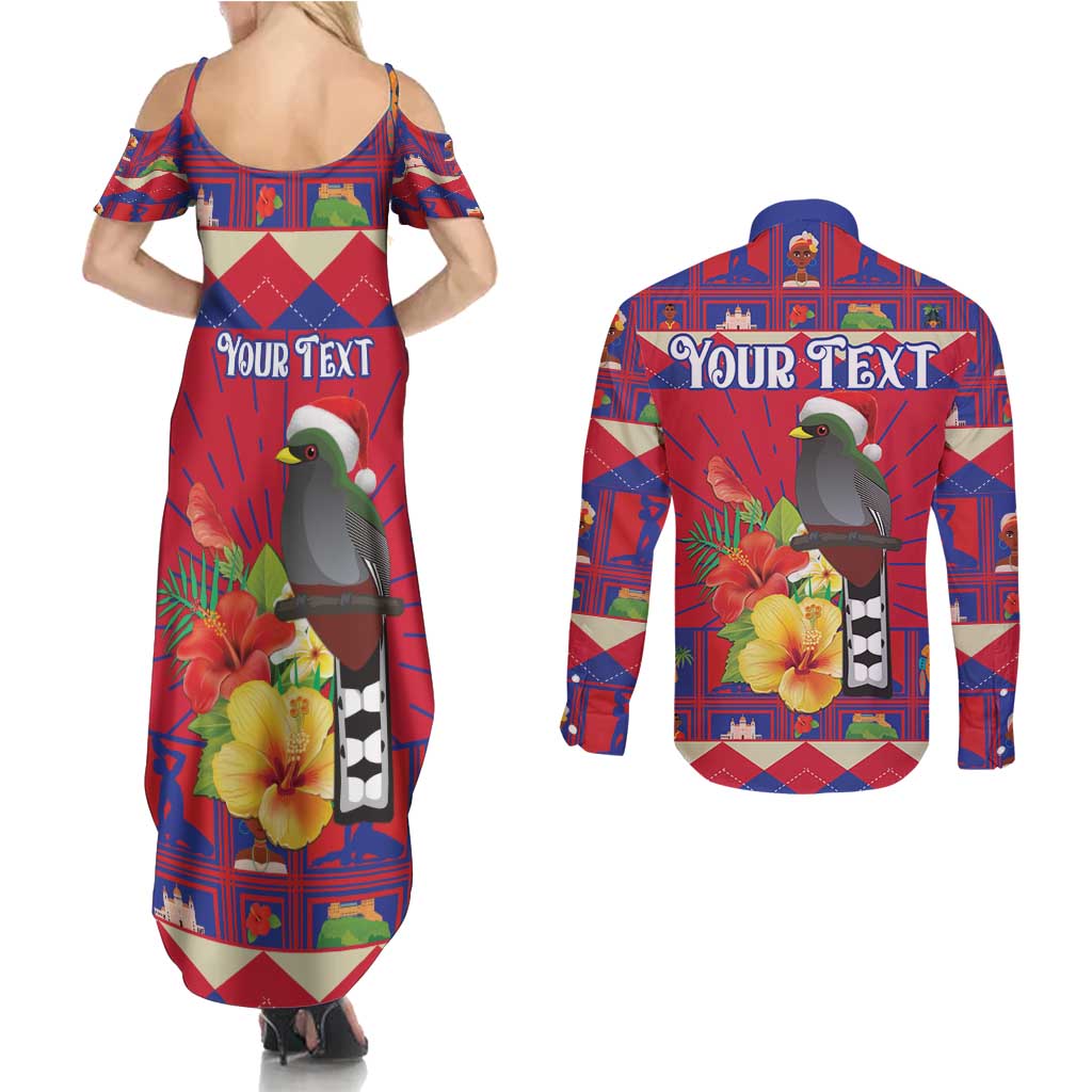 Personalized Haiti Jwaye Nowel Couples Matching Summer Maxi Dress and Long Sleeve Button Shirt Hispaniolan Trogon With Hibiscus Flowers - Wonder Print Shop