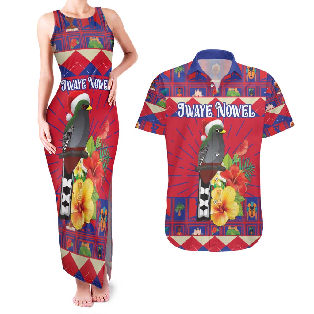 Personalized Haiti Jwaye Nowel Couples Matching Tank Maxi Dress and Hawaiian Shirt Hispaniolan Trogon With Hibiscus Flowers - Wonder Print Shop