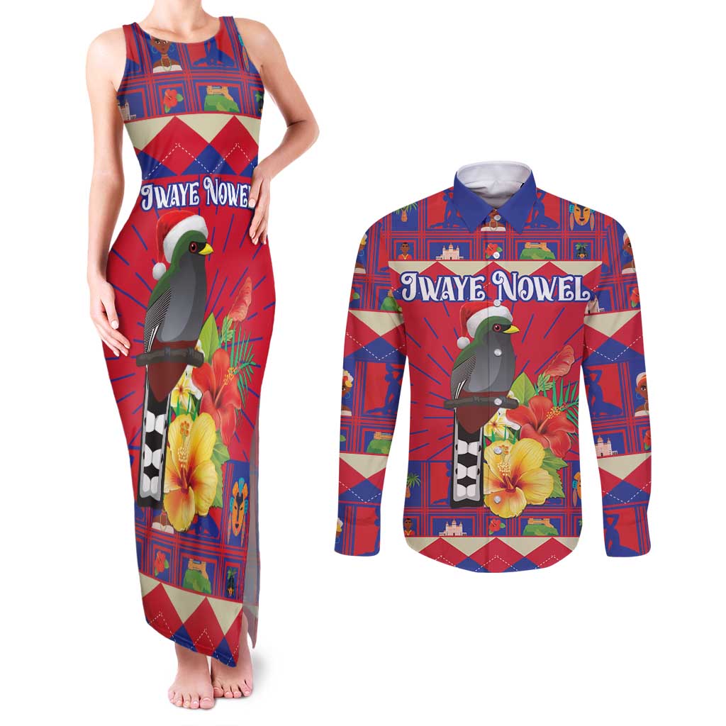 Personalized Haiti Jwaye Nowel Couples Matching Tank Maxi Dress and Long Sleeve Button Shirt Hispaniolan Trogon With Hibiscus Flowers - Wonder Print Shop
