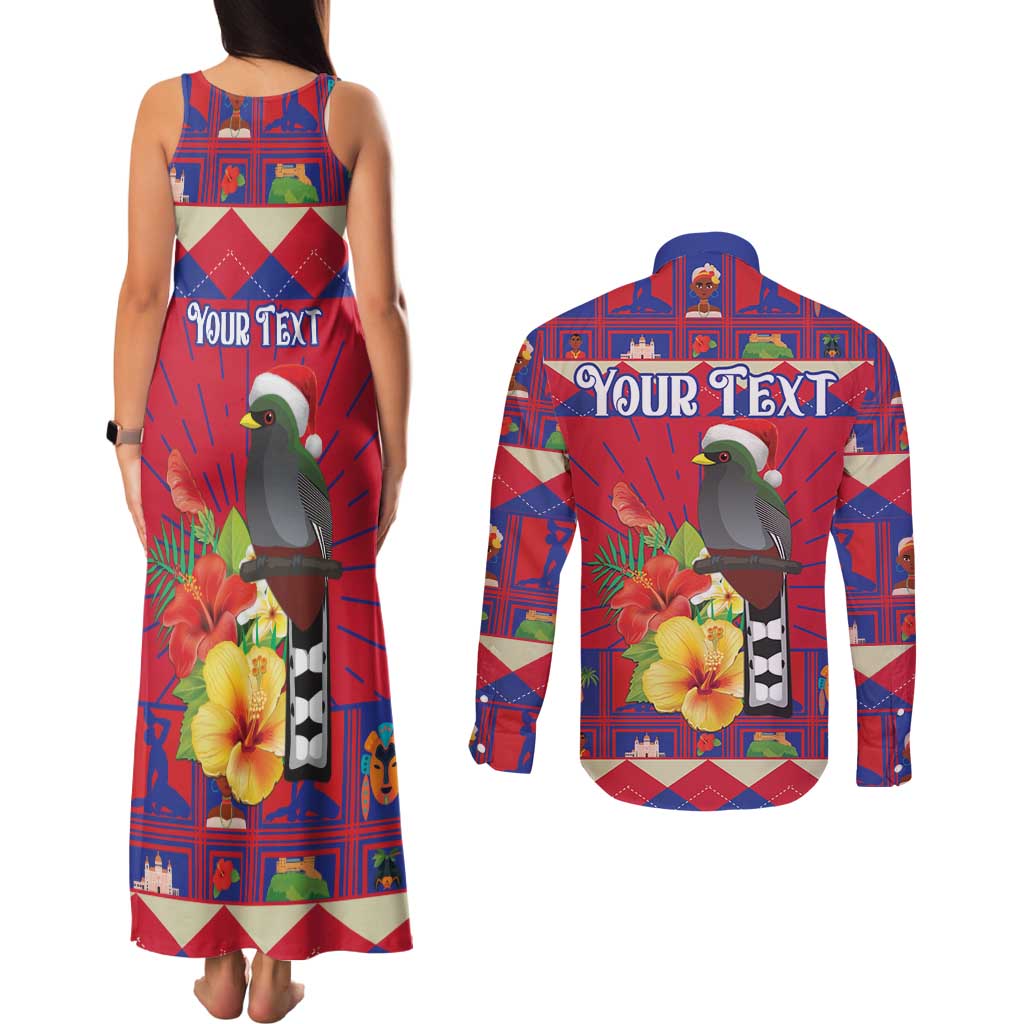 Personalized Haiti Jwaye Nowel Couples Matching Tank Maxi Dress and Long Sleeve Button Shirt Hispaniolan Trogon With Hibiscus Flowers - Wonder Print Shop