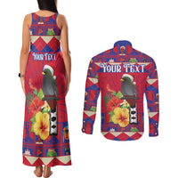 Personalized Haiti Jwaye Nowel Couples Matching Tank Maxi Dress and Long Sleeve Button Shirt Hispaniolan Trogon With Hibiscus Flowers - Wonder Print Shop