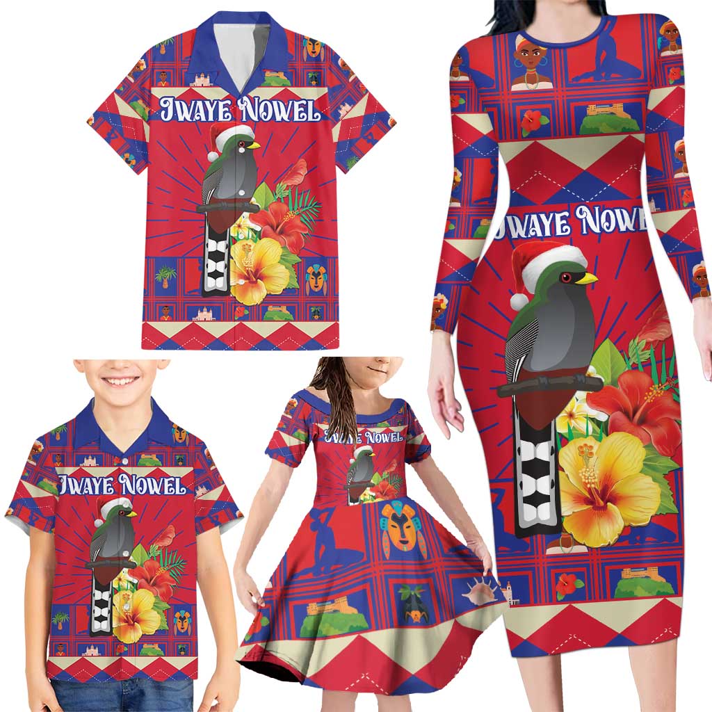Personalized Haiti Jwaye Nowel Family Matching Long Sleeve Bodycon Dress and Hawaiian Shirt Hispaniolan Trogon With Hibiscus Flowers - Wonder Print Shop