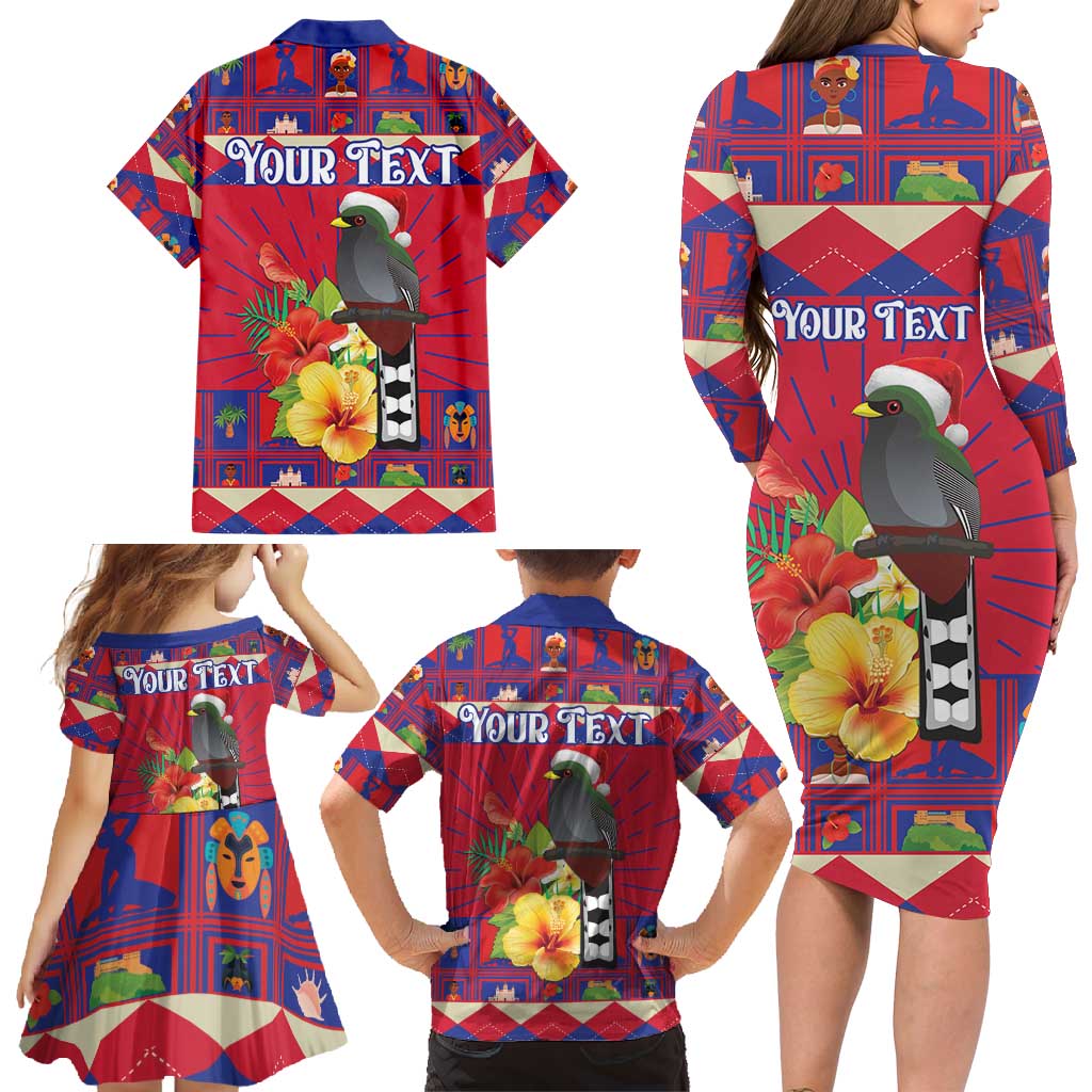 Personalized Haiti Jwaye Nowel Family Matching Long Sleeve Bodycon Dress and Hawaiian Shirt Hispaniolan Trogon With Hibiscus Flowers - Wonder Print Shop
