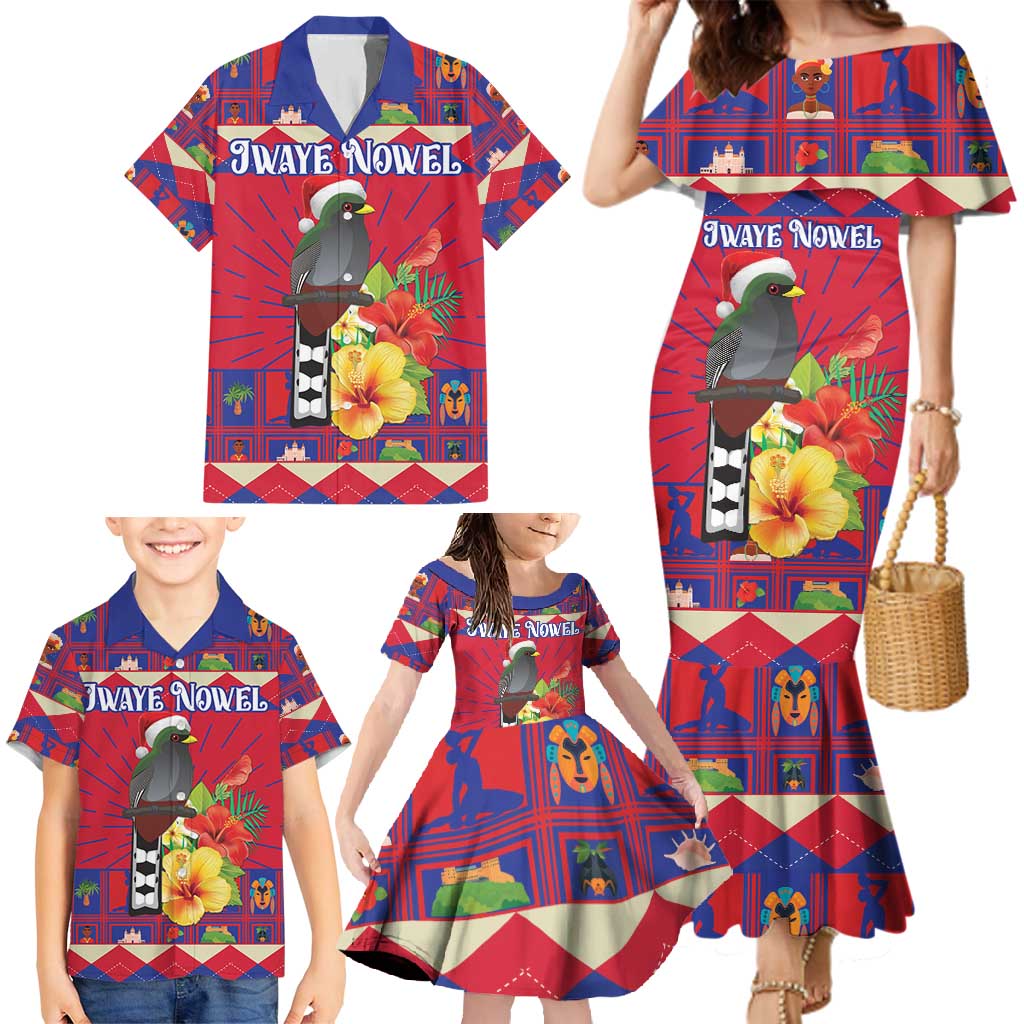 Personalized Haiti Jwaye Nowel Family Matching Mermaid Dress and Hawaiian Shirt Hispaniolan Trogon With Hibiscus Flowers - Wonder Print Shop