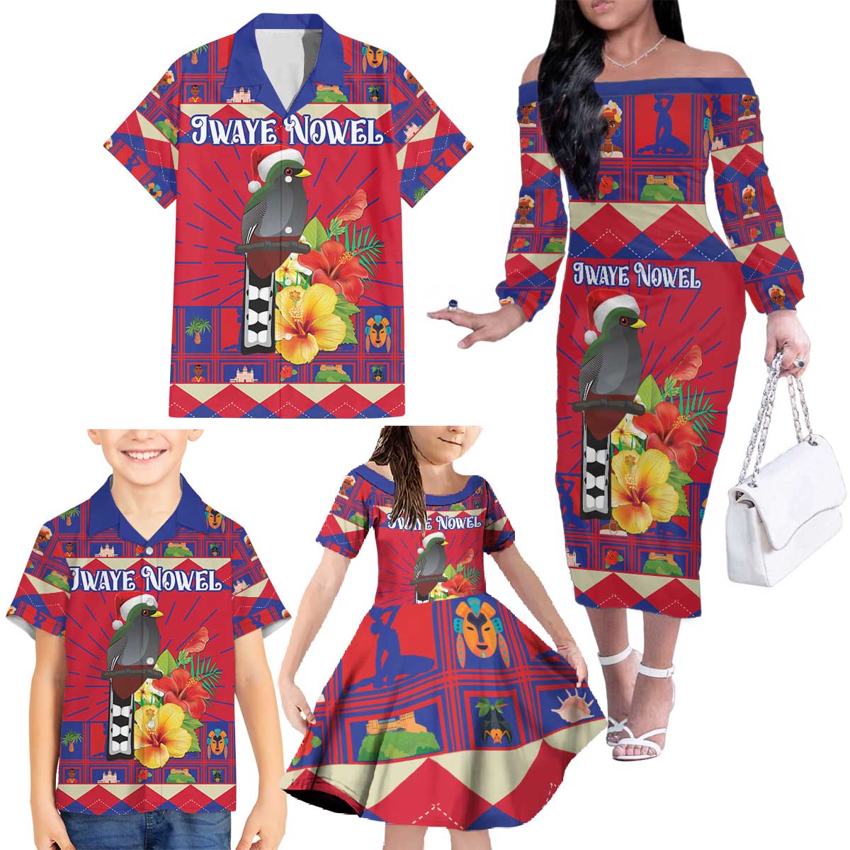 Personalized Haiti Jwaye Nowel Family Matching Off The Shoulder Long Sleeve Dress and Hawaiian Shirt Hispaniolan Trogon With Hibiscus Flowers - Wonder Print Shop