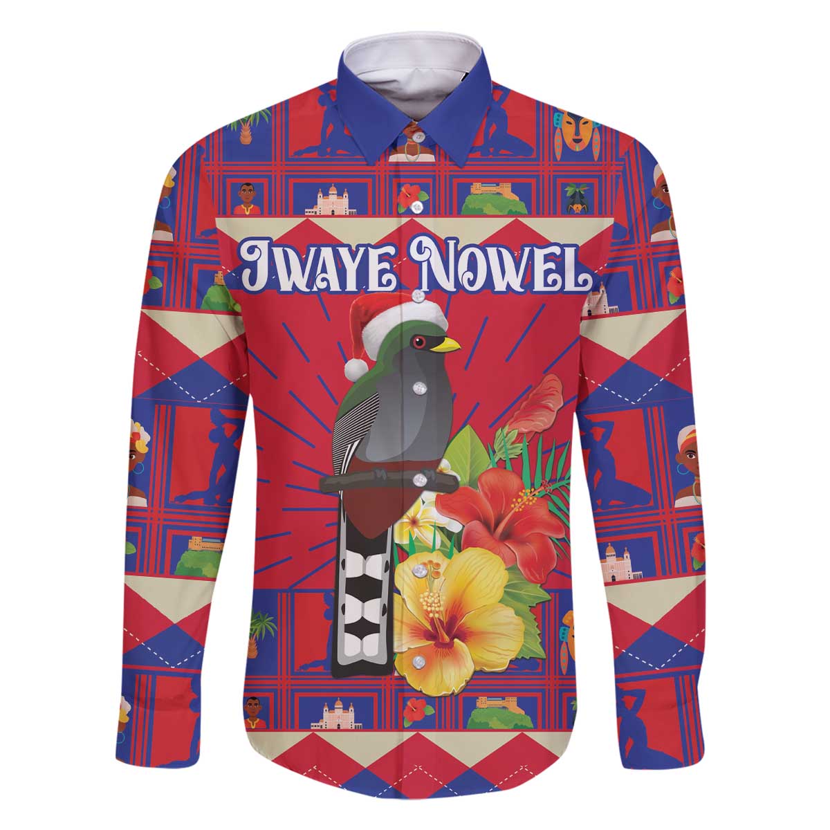 Personalized Haiti Jwaye Nowel Family Matching Off The Shoulder Long Sleeve Dress and Hawaiian Shirt Hispaniolan Trogon With Hibiscus Flowers - Wonder Print Shop