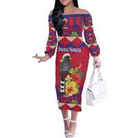 Personalized Haiti Jwaye Nowel Family Matching Off The Shoulder Long Sleeve Dress and Hawaiian Shirt Hispaniolan Trogon With Hibiscus Flowers - Wonder Print Shop