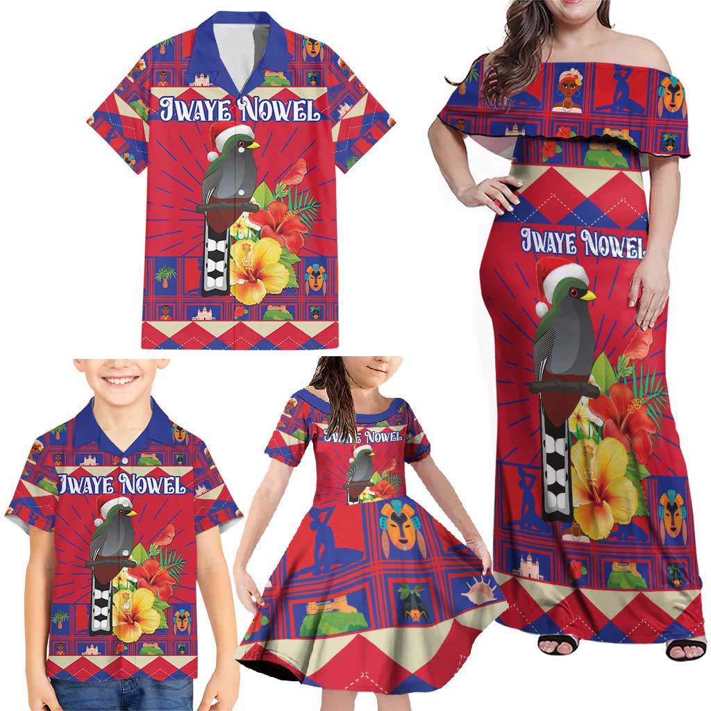 Personalized Haiti Jwaye Nowel Family Matching Off Shoulder Maxi Dress and Hawaiian Shirt Hispaniolan Trogon With Hibiscus Flowers - Wonder Print Shop