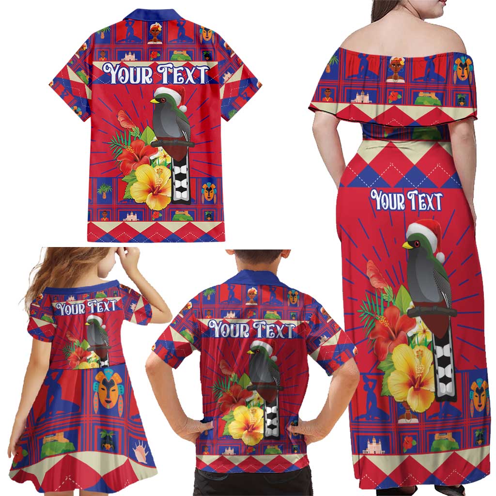 Personalized Haiti Jwaye Nowel Family Matching Off Shoulder Maxi Dress and Hawaiian Shirt Hispaniolan Trogon With Hibiscus Flowers - Wonder Print Shop