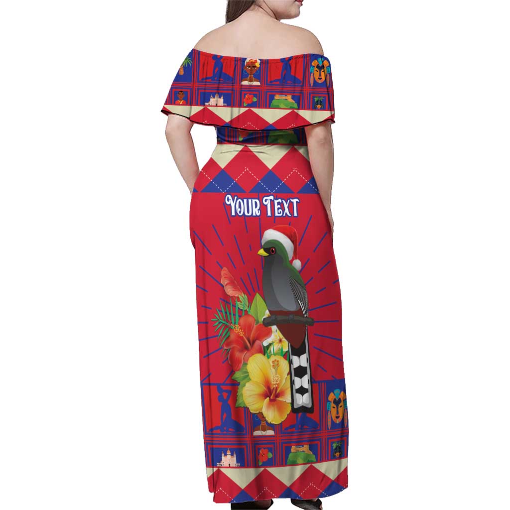 Personalized Haiti Jwaye Nowel Family Matching Off Shoulder Maxi Dress and Hawaiian Shirt Hispaniolan Trogon With Hibiscus Flowers - Wonder Print Shop