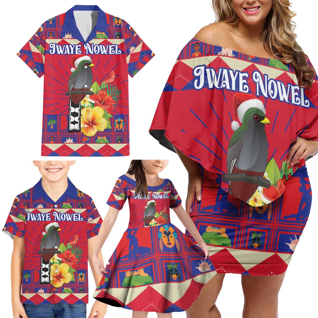 Personalized Haiti Jwaye Nowel Family Matching Off Shoulder Short Dress and Hawaiian Shirt Hispaniolan Trogon With Hibiscus Flowers - Wonder Print Shop