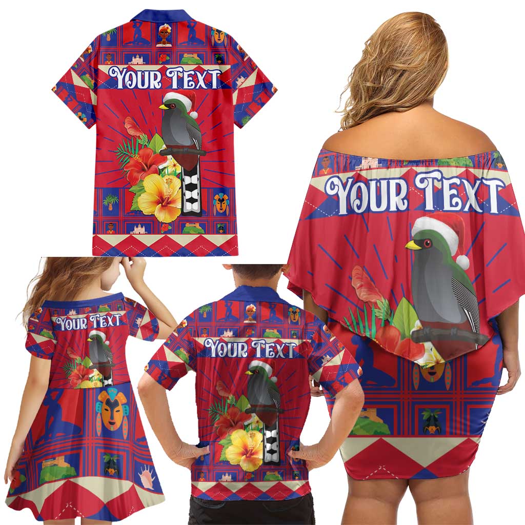 Personalized Haiti Jwaye Nowel Family Matching Off Shoulder Short Dress and Hawaiian Shirt Hispaniolan Trogon With Hibiscus Flowers - Wonder Print Shop