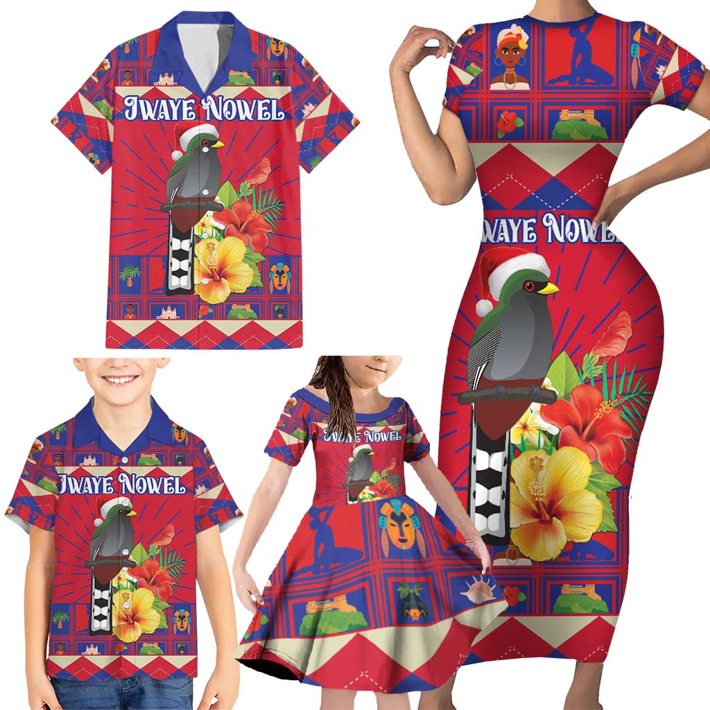 Personalized Haiti Jwaye Nowel Family Matching Short Sleeve Bodycon Dress and Hawaiian Shirt Hispaniolan Trogon With Hibiscus Flowers - Wonder Print Shop
