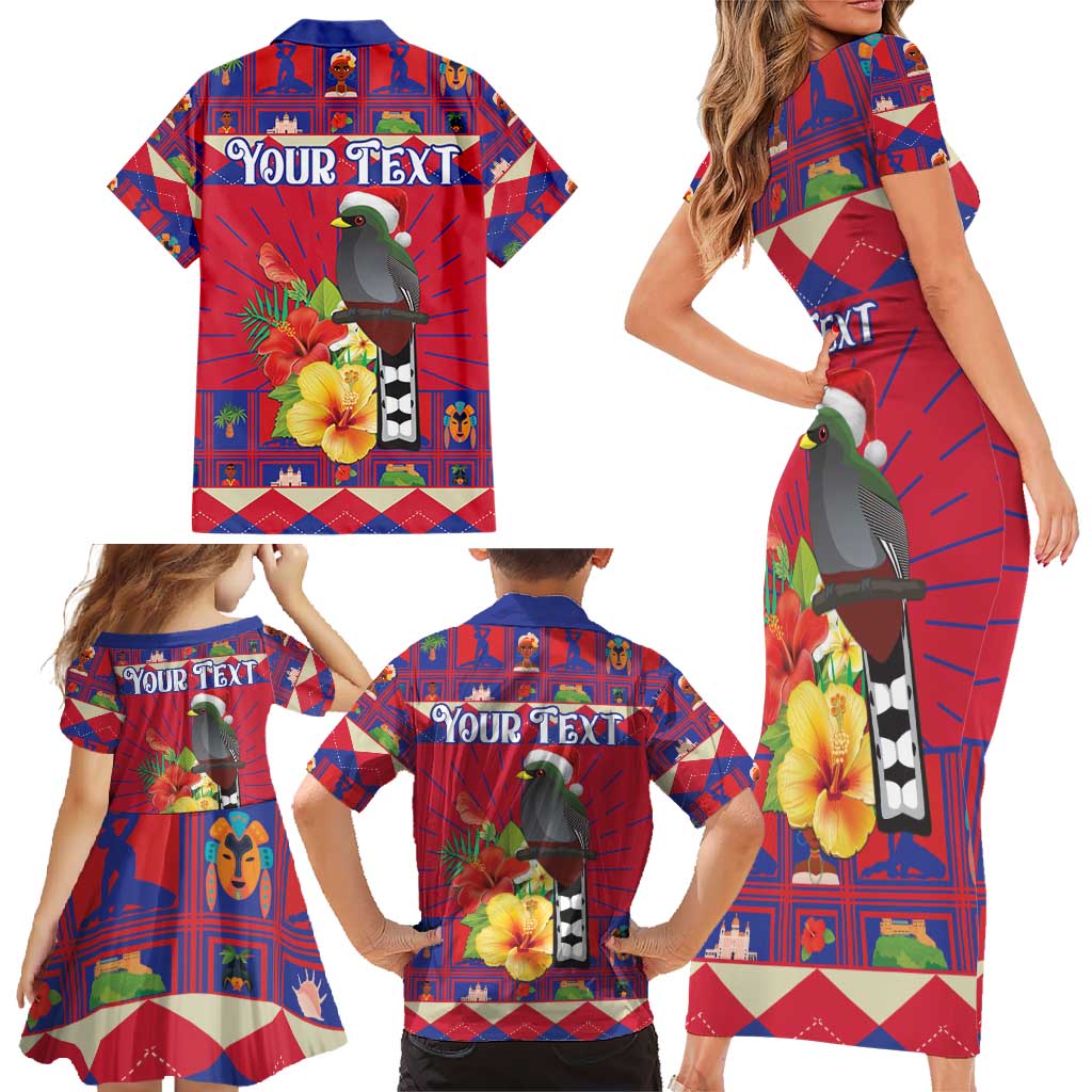 Personalized Haiti Jwaye Nowel Family Matching Short Sleeve Bodycon Dress and Hawaiian Shirt Hispaniolan Trogon With Hibiscus Flowers - Wonder Print Shop