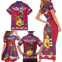 Personalized Haiti Jwaye Nowel Family Matching Short Sleeve Bodycon Dress and Hawaiian Shirt Hispaniolan Trogon With Hibiscus Flowers - Wonder Print Shop