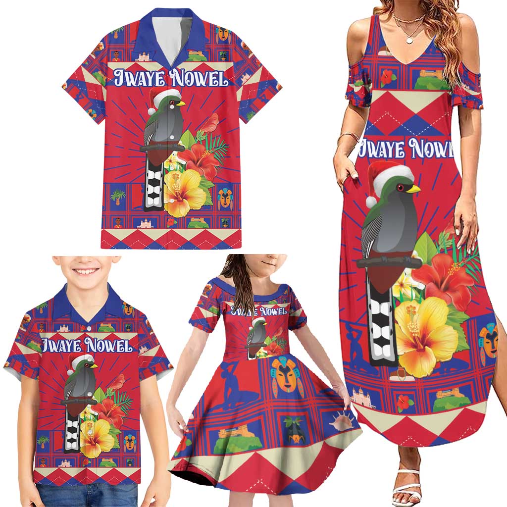Personalized Haiti Jwaye Nowel Family Matching Summer Maxi Dress and Hawaiian Shirt Hispaniolan Trogon With Hibiscus Flowers - Wonder Print Shop