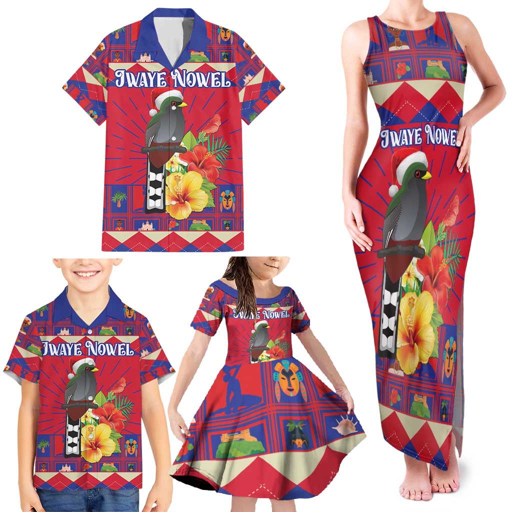 Personalized Haiti Jwaye Nowel Family Matching Tank Maxi Dress and Hawaiian Shirt Hispaniolan Trogon With Hibiscus Flowers - Wonder Print Shop