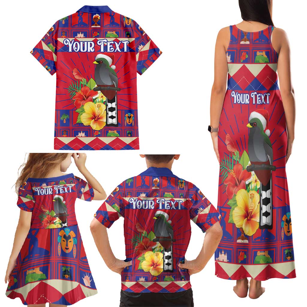 Personalized Haiti Jwaye Nowel Family Matching Tank Maxi Dress and Hawaiian Shirt Hispaniolan Trogon With Hibiscus Flowers - Wonder Print Shop