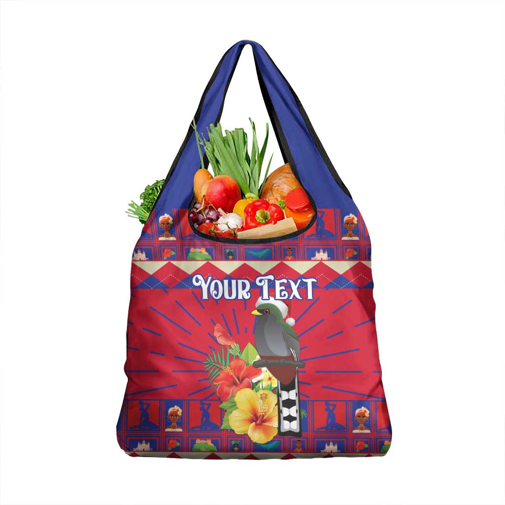 Personalized Haiti Jwaye Nowel Grocery Bag Hispaniolan Trogon With Hibiscus Flowers