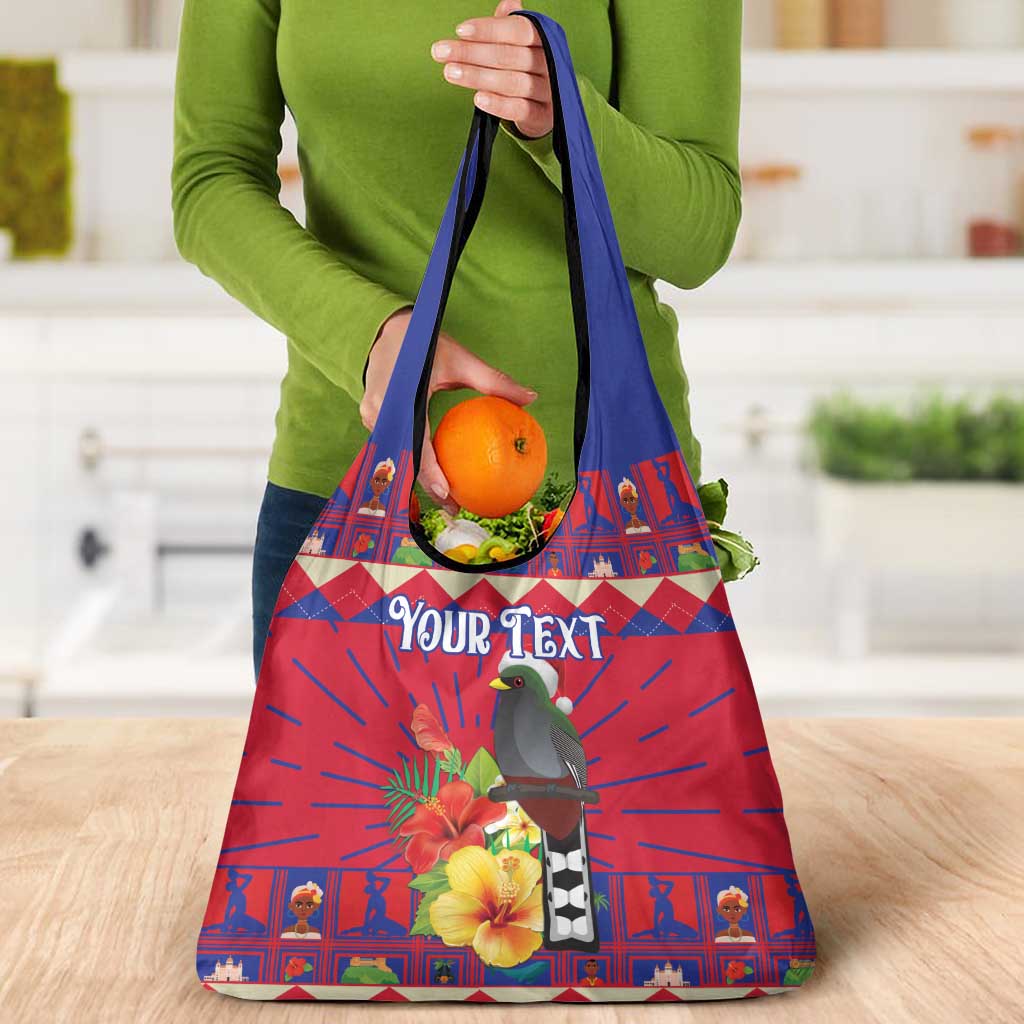 Personalized Haiti Jwaye Nowel Grocery Bag Hispaniolan Trogon With Hibiscus Flowers