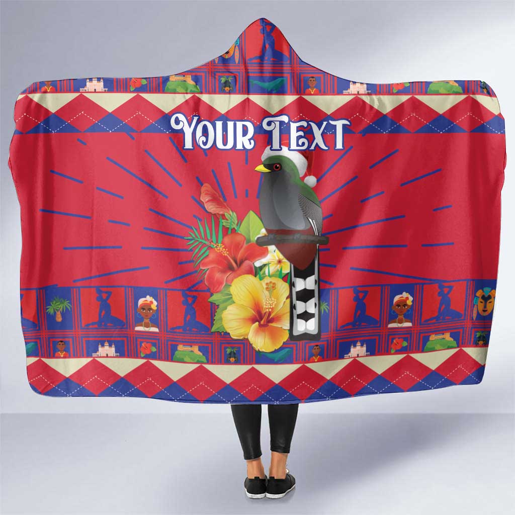 Personalized Haiti Jwaye Nowel Hooded Blanket Hispaniolan Trogon With Hibiscus Flowers