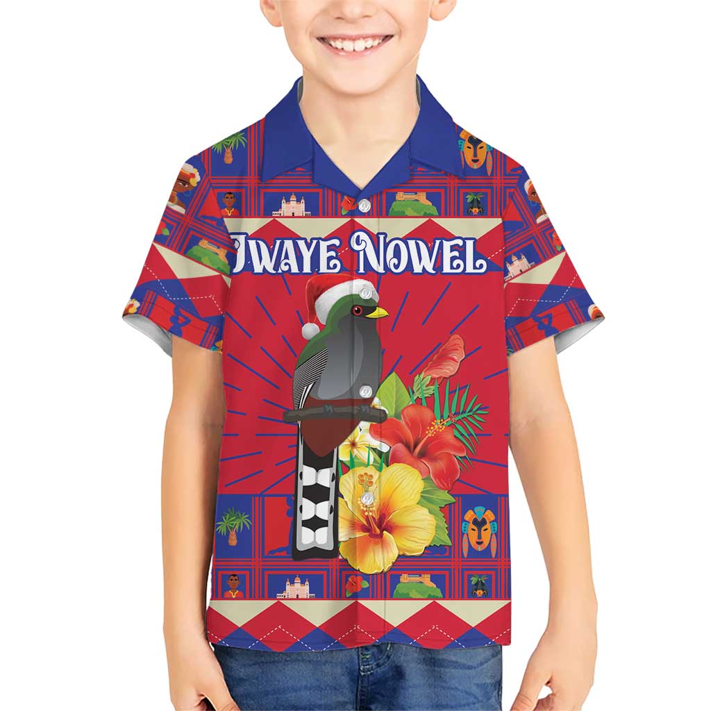 Personalized Haiti Jwaye Nowel Kid Hawaiian Shirt Hispaniolan Trogon With Hibiscus Flowers - Wonder Print Shop