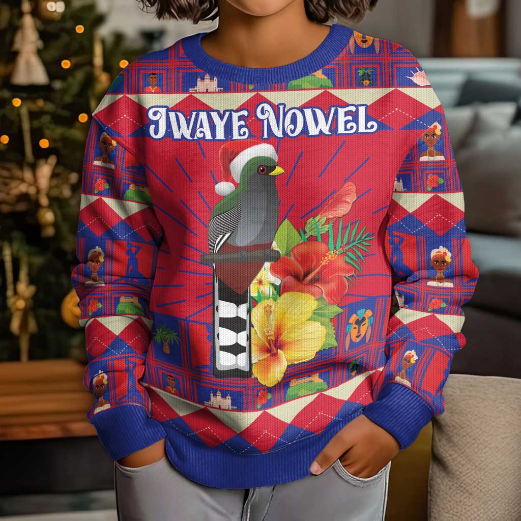 Personalized Haiti Jwaye Nowel Kid Ugly Christmas Sweater Hispaniolan Trogon With Hibiscus Flowers - Wonder Print Shop