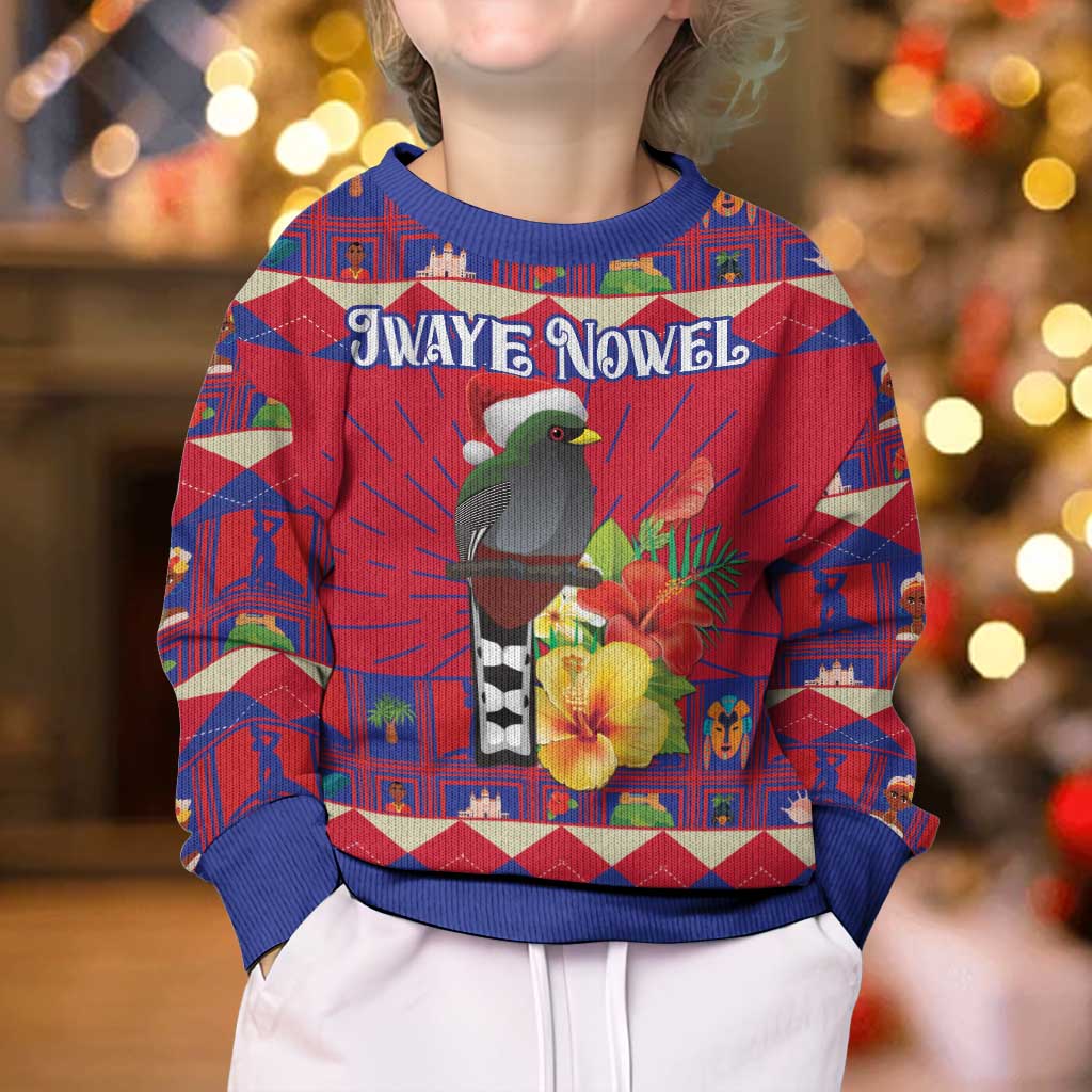 Personalized Haiti Jwaye Nowel Kid Ugly Christmas Sweater Hispaniolan Trogon With Hibiscus Flowers - Wonder Print Shop