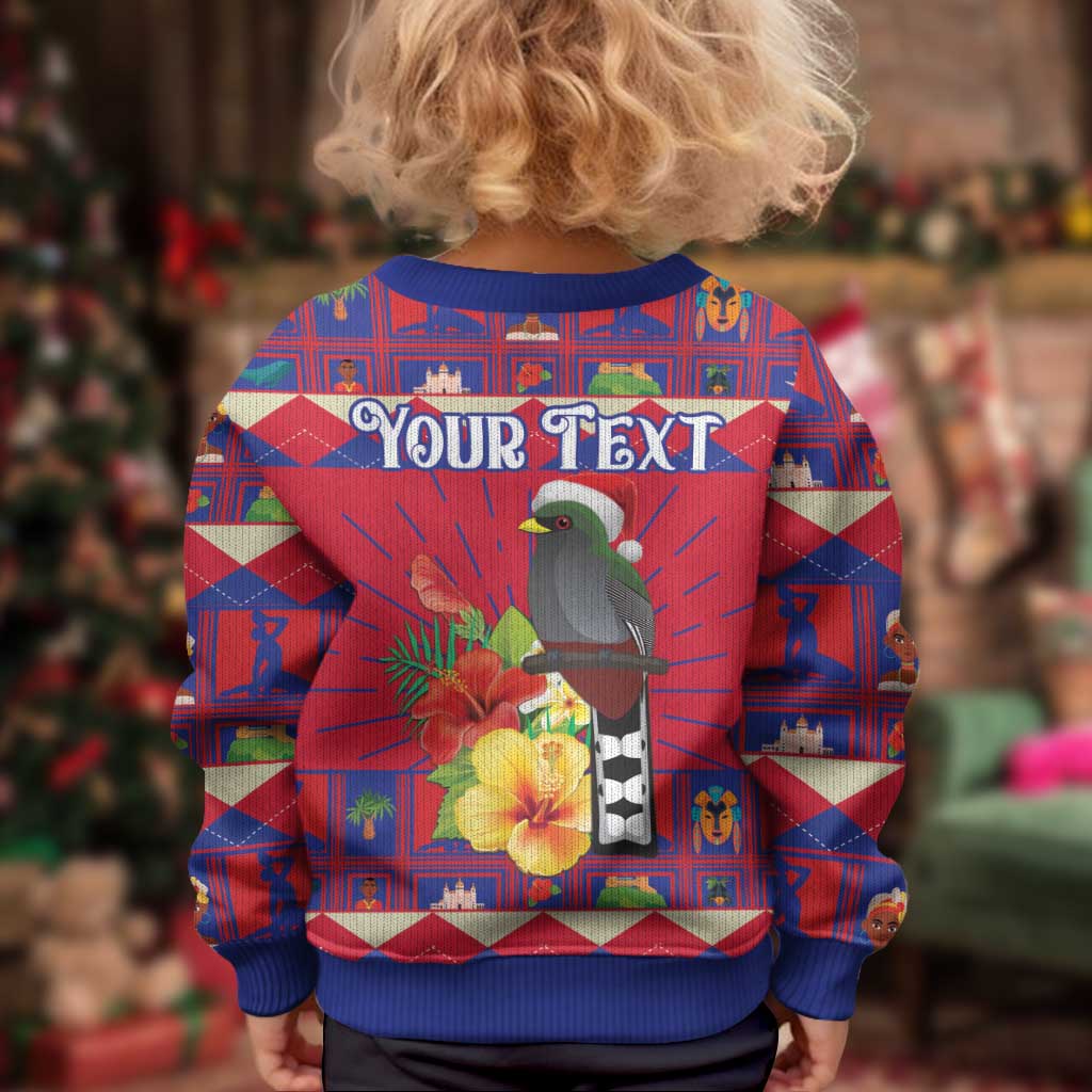 Personalized Haiti Jwaye Nowel Kid Ugly Christmas Sweater Hispaniolan Trogon With Hibiscus Flowers - Wonder Print Shop