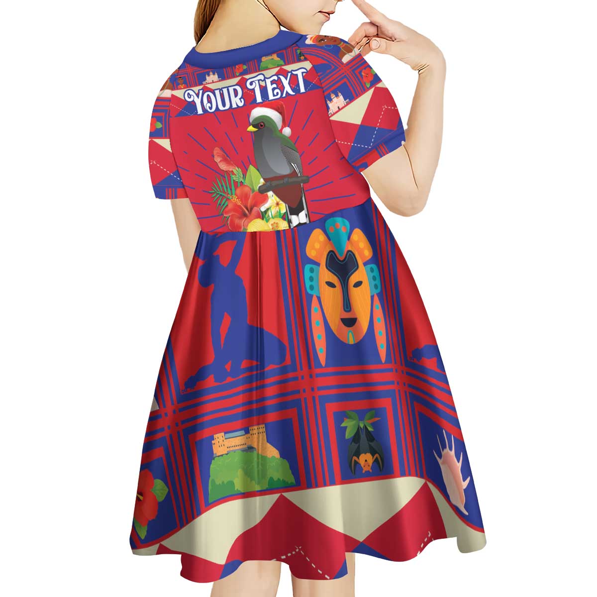 Personalized Haiti Jwaye Nowel Kid Short Sleeve Dress Hispaniolan Trogon With Hibiscus Flowers - Wonder Print Shop