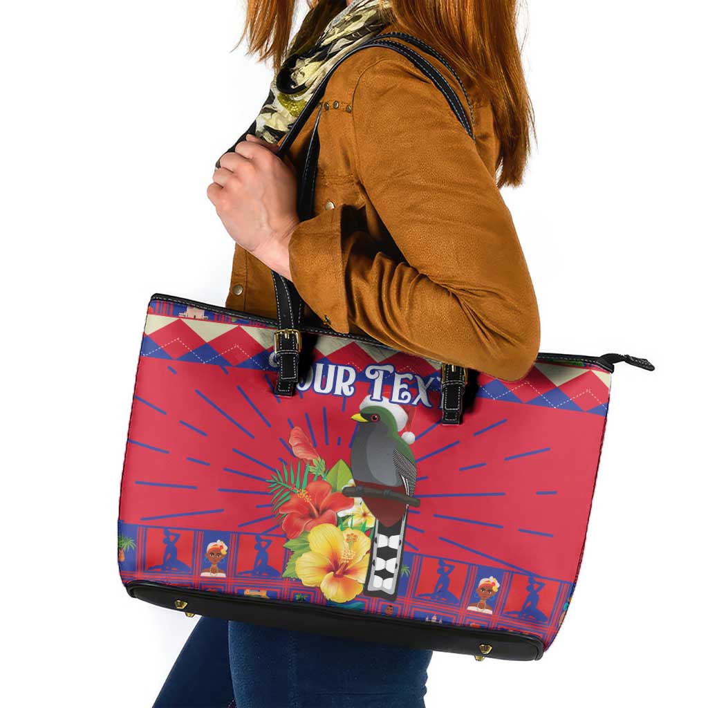 Personalized Haiti Jwaye Nowel Leather Tote Bag Hispaniolan Trogon With Hibiscus Flowers - Wonder Print Shop