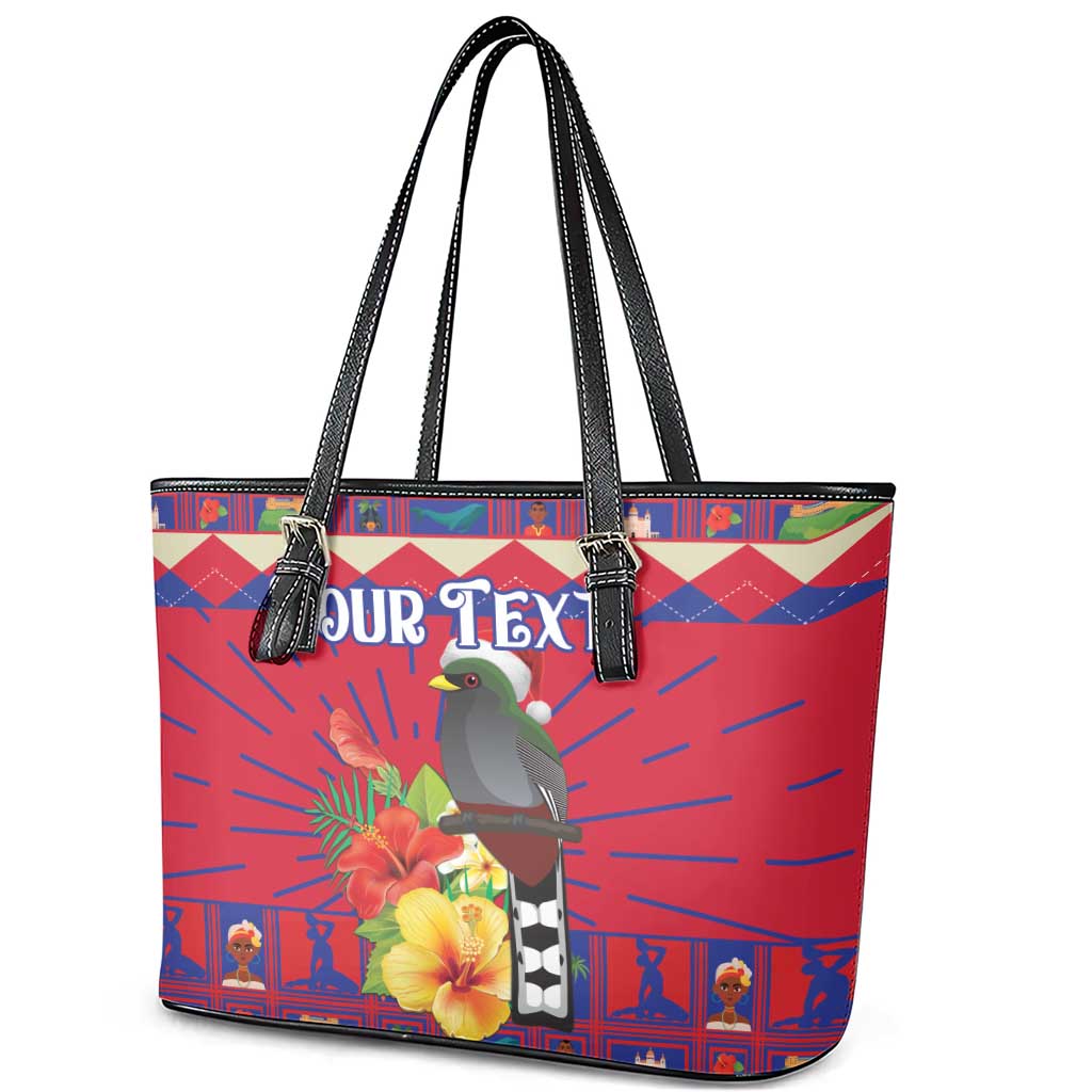 Personalized Haiti Jwaye Nowel Leather Tote Bag Hispaniolan Trogon With Hibiscus Flowers - Wonder Print Shop
