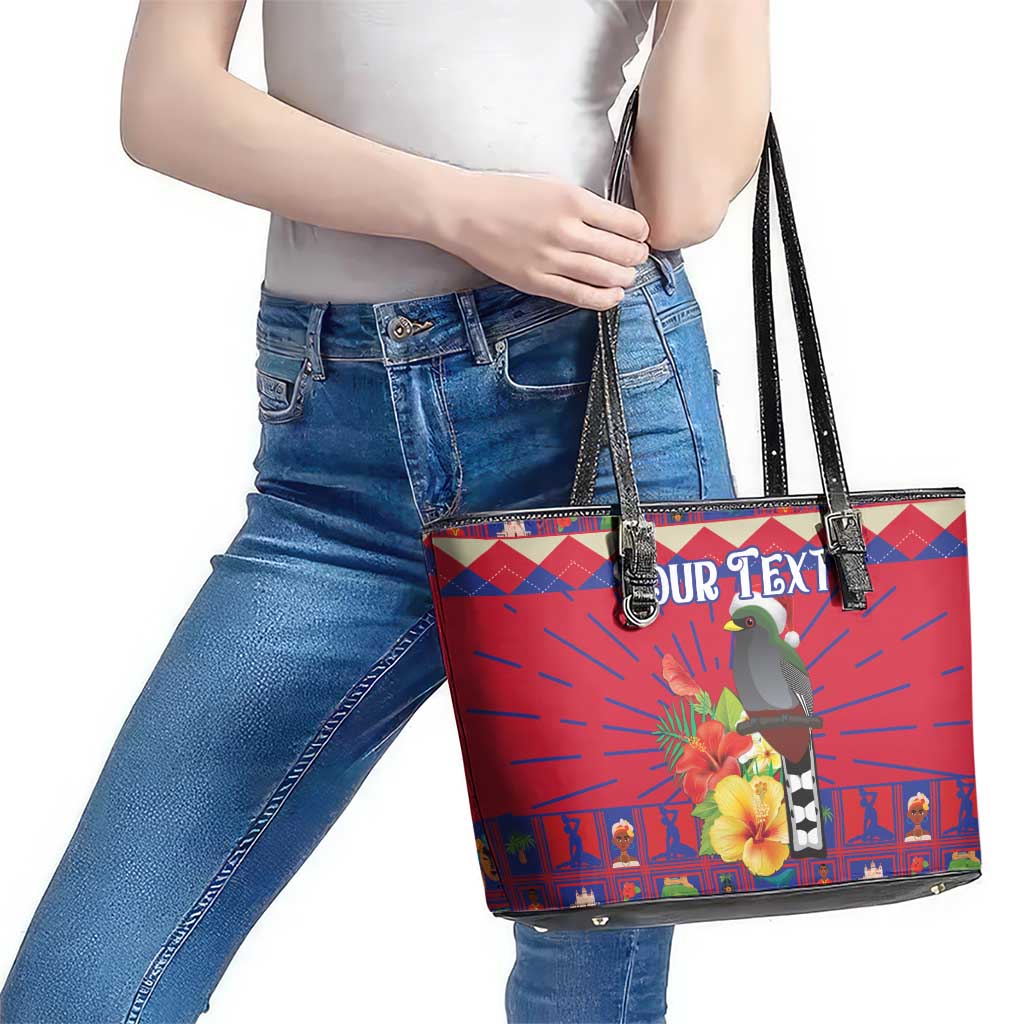 Personalized Haiti Jwaye Nowel Leather Tote Bag Hispaniolan Trogon With Hibiscus Flowers - Wonder Print Shop
