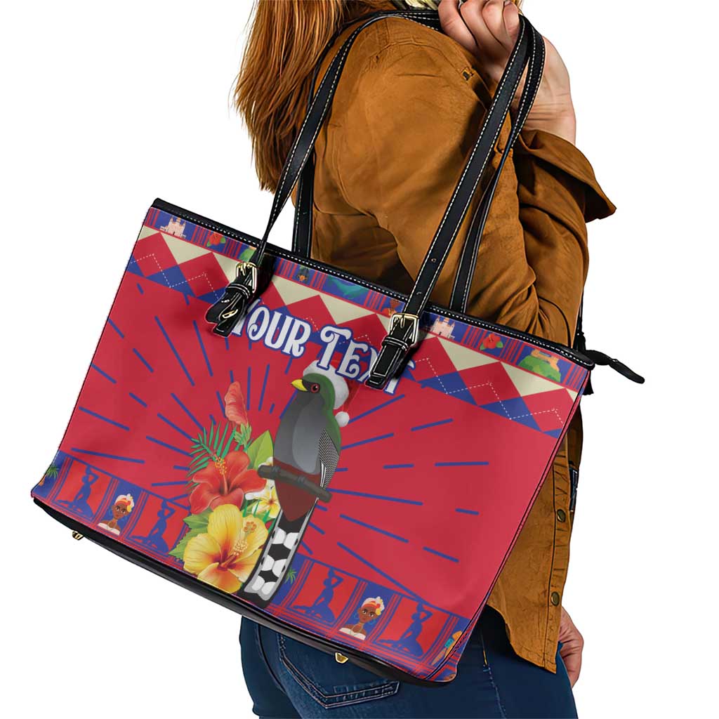 Personalized Haiti Jwaye Nowel Leather Tote Bag Hispaniolan Trogon With Hibiscus Flowers - Wonder Print Shop