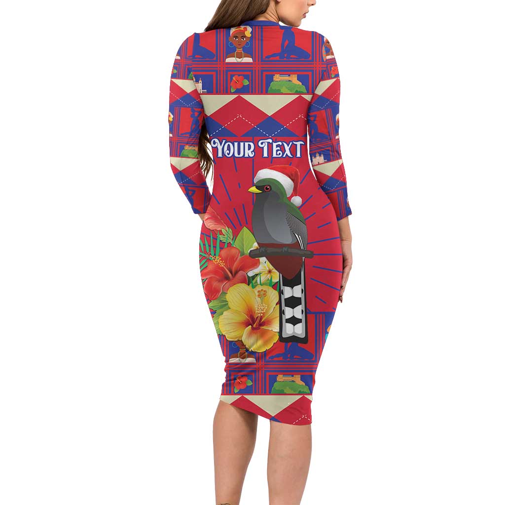 Personalized Haiti Jwaye Nowel Long Sleeve Bodycon Dress Hispaniolan Trogon With Hibiscus Flowers - Wonder Print Shop