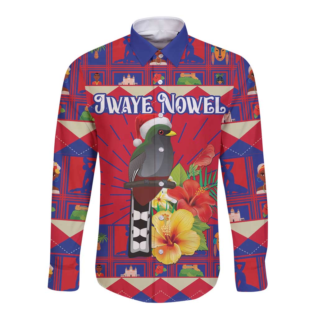 Personalized Haiti Jwaye Nowel Long Sleeve Button Shirt Hispaniolan Trogon With Hibiscus Flowers - Wonder Print Shop
