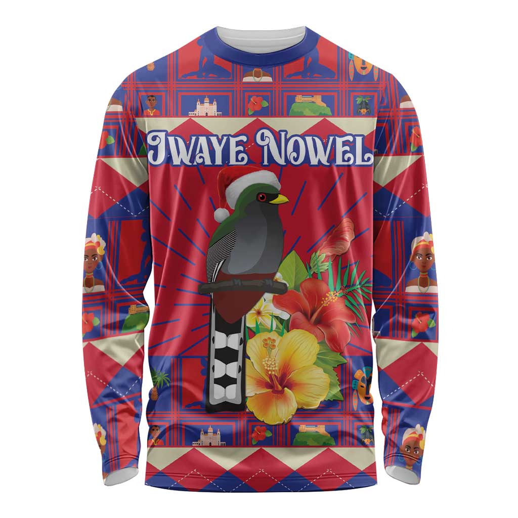 Personalized Haiti Jwaye Nowel Long Sleeve Shirt Hispaniolan Trogon With Hibiscus Flowers - Wonder Print Shop