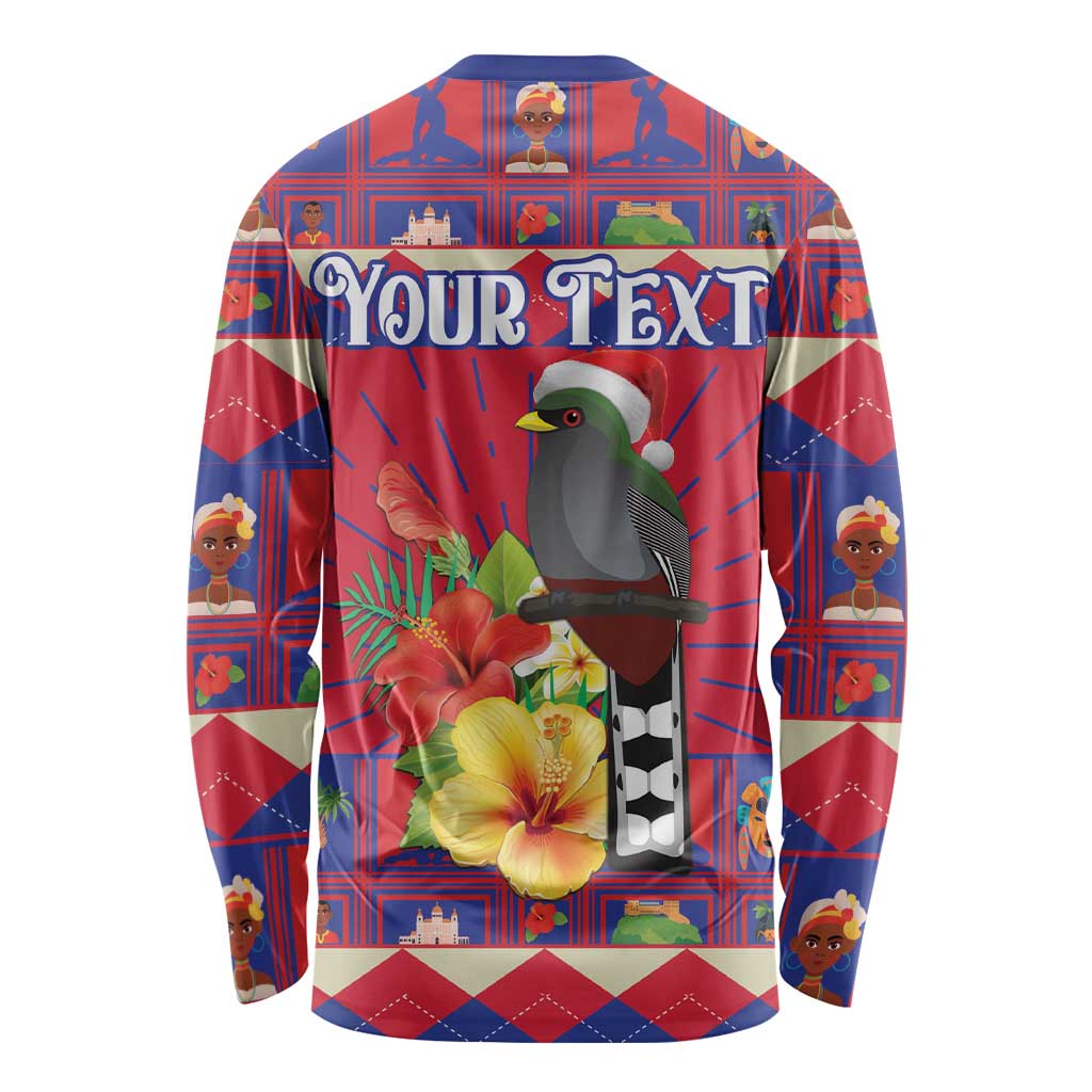 Personalized Haiti Jwaye Nowel Long Sleeve Shirt Hispaniolan Trogon With Hibiscus Flowers - Wonder Print Shop