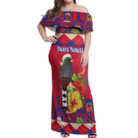Personalized Haiti Jwaye Nowel Off Shoulder Maxi Dress Hispaniolan Trogon With Hibiscus Flowers - Wonder Print Shop