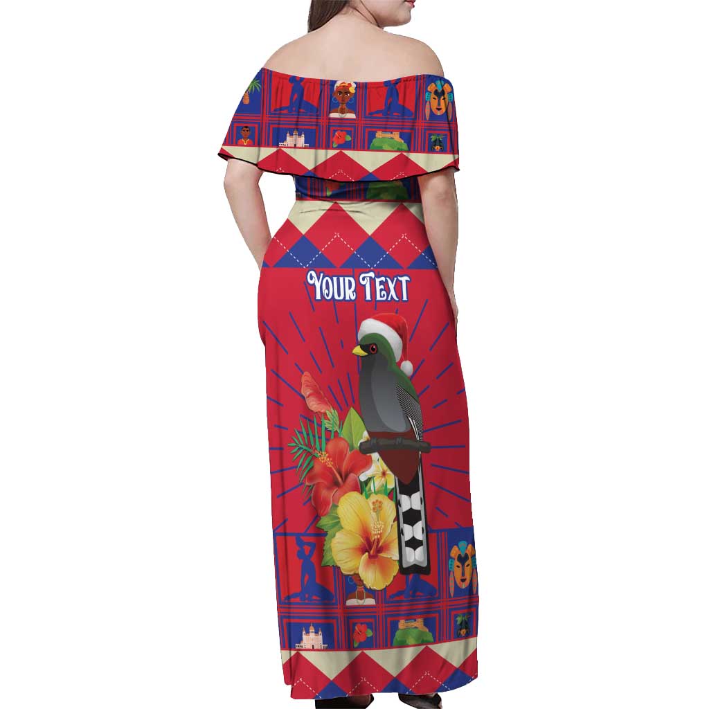 Personalized Haiti Jwaye Nowel Off Shoulder Maxi Dress Hispaniolan Trogon With Hibiscus Flowers - Wonder Print Shop