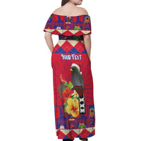 Personalized Haiti Jwaye Nowel Off Shoulder Maxi Dress Hispaniolan Trogon With Hibiscus Flowers - Wonder Print Shop