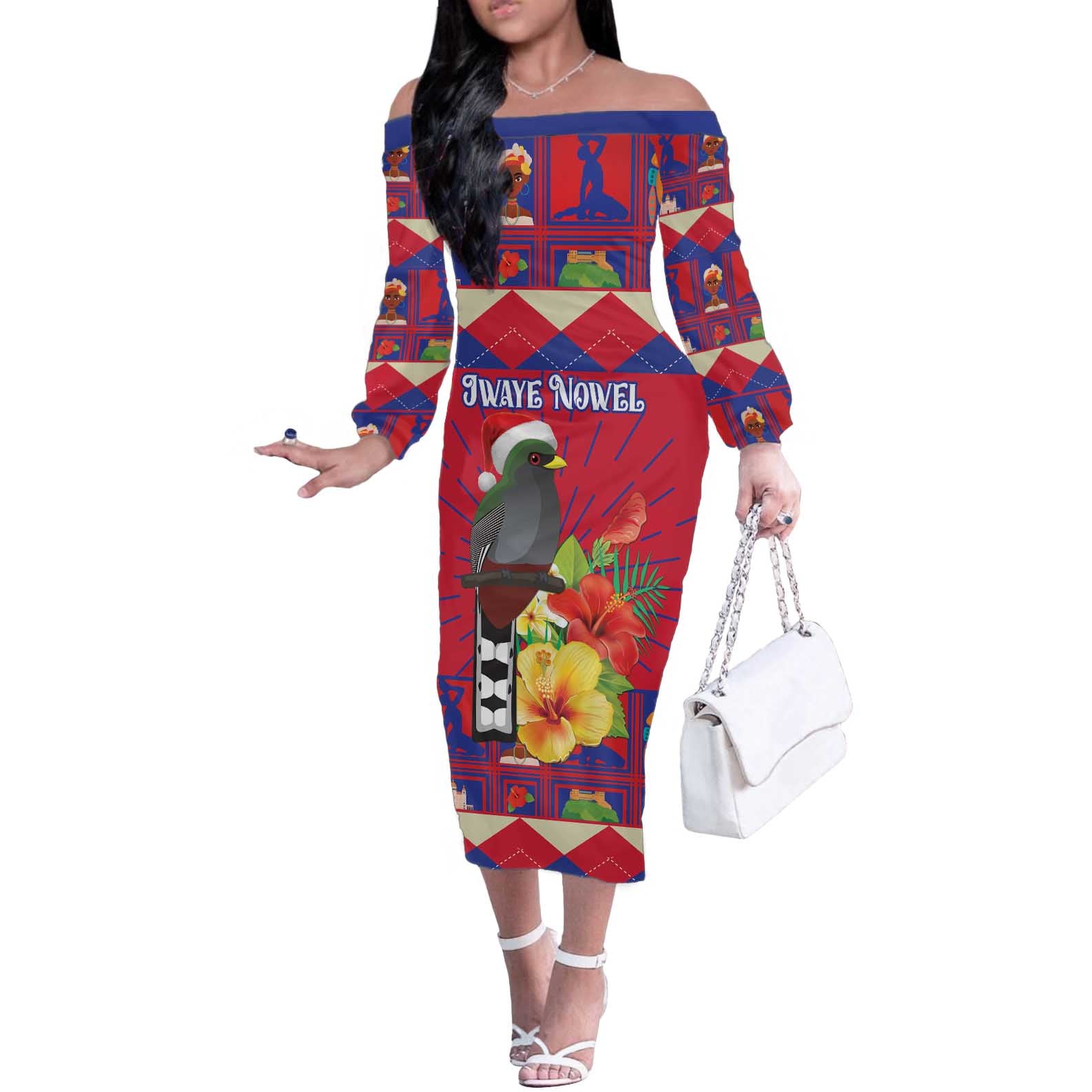 Personalized Haiti Jwaye Nowel Off The Shoulder Long Sleeve Dress Hispaniolan Trogon With Hibiscus Flowers - Wonder Print Shop