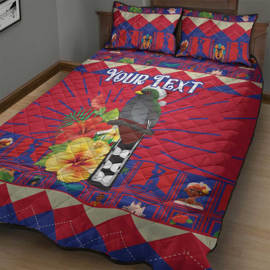 Personalized Haiti Jwaye Nowel Quilt Bed Set Hispaniolan Trogon With Hibiscus Flowers - Wonder Print Shop
