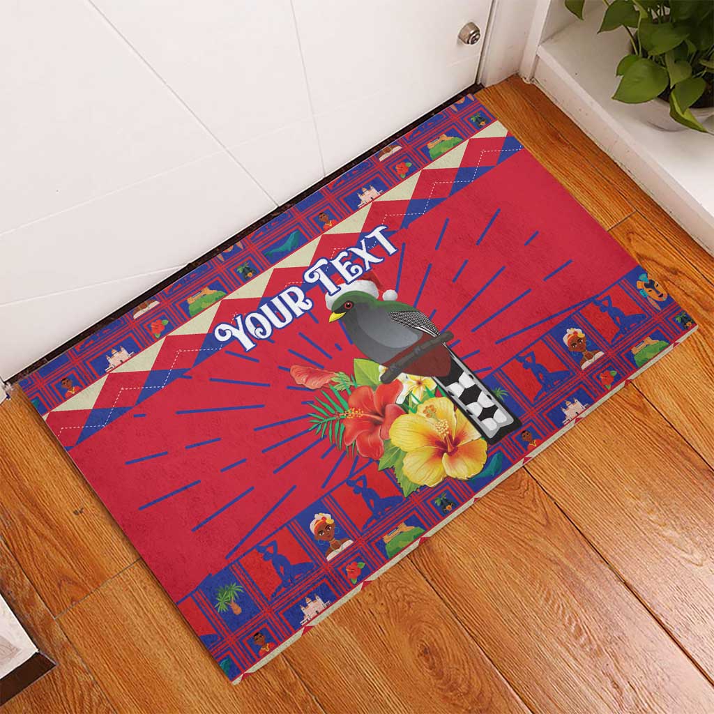 Personalized Haiti Jwaye Nowel Rubber Doormat Hispaniolan Trogon With Hibiscus Flowers - Wonder Print Shop