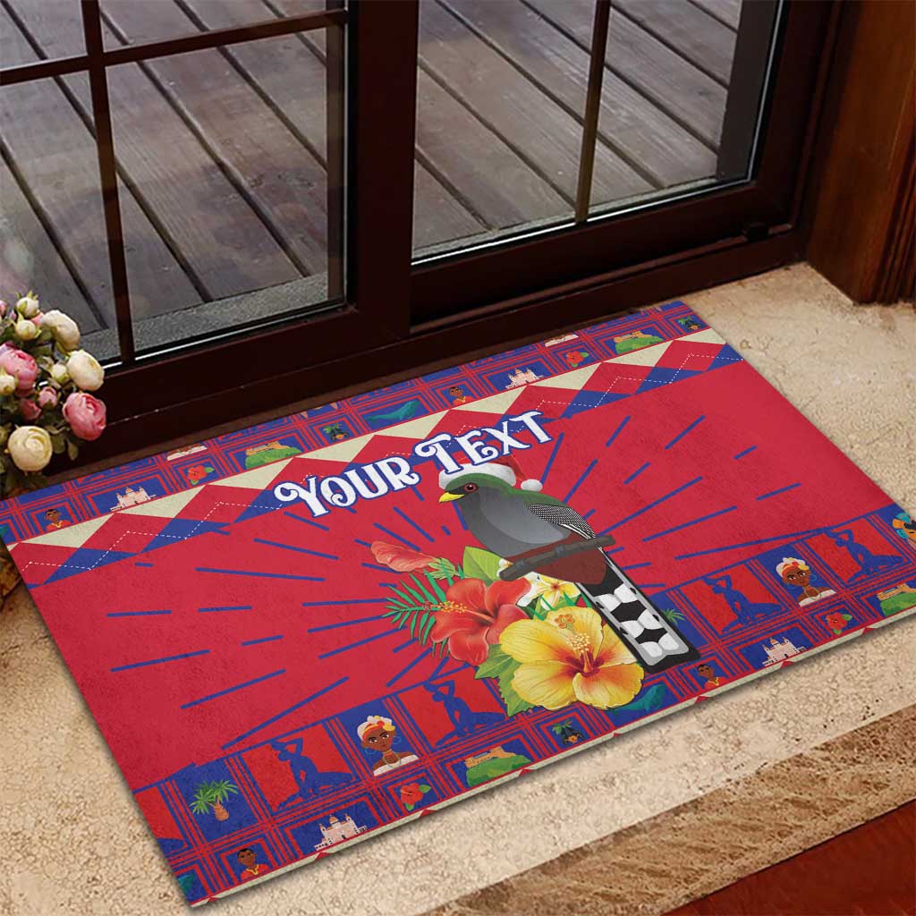 Personalized Haiti Jwaye Nowel Rubber Doormat Hispaniolan Trogon With Hibiscus Flowers - Wonder Print Shop