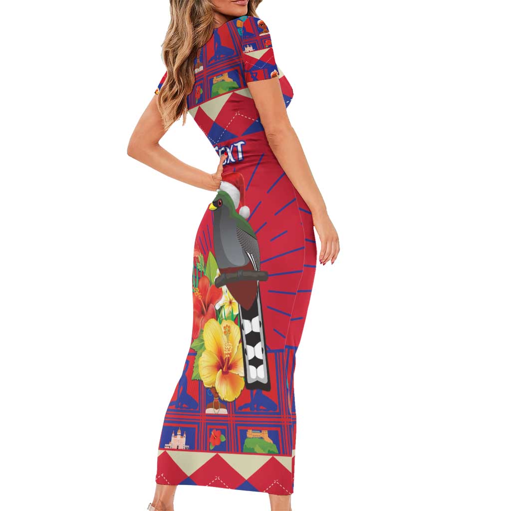 Personalized Haiti Jwaye Nowel Short Sleeve Bodycon Dress Hispaniolan Trogon With Hibiscus Flowers - Wonder Print Shop
