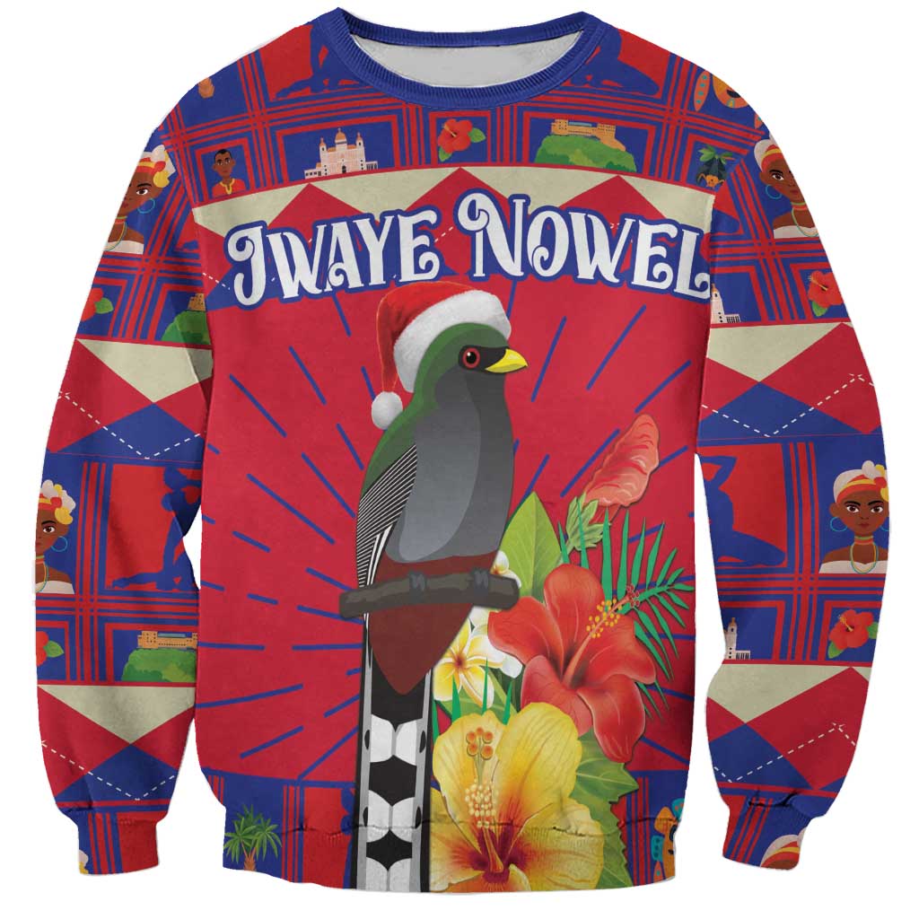 Personalized Haiti Jwaye Nowel Sweatshirt Hispaniolan Trogon With Hibiscus Flowers - Wonder Print Shop