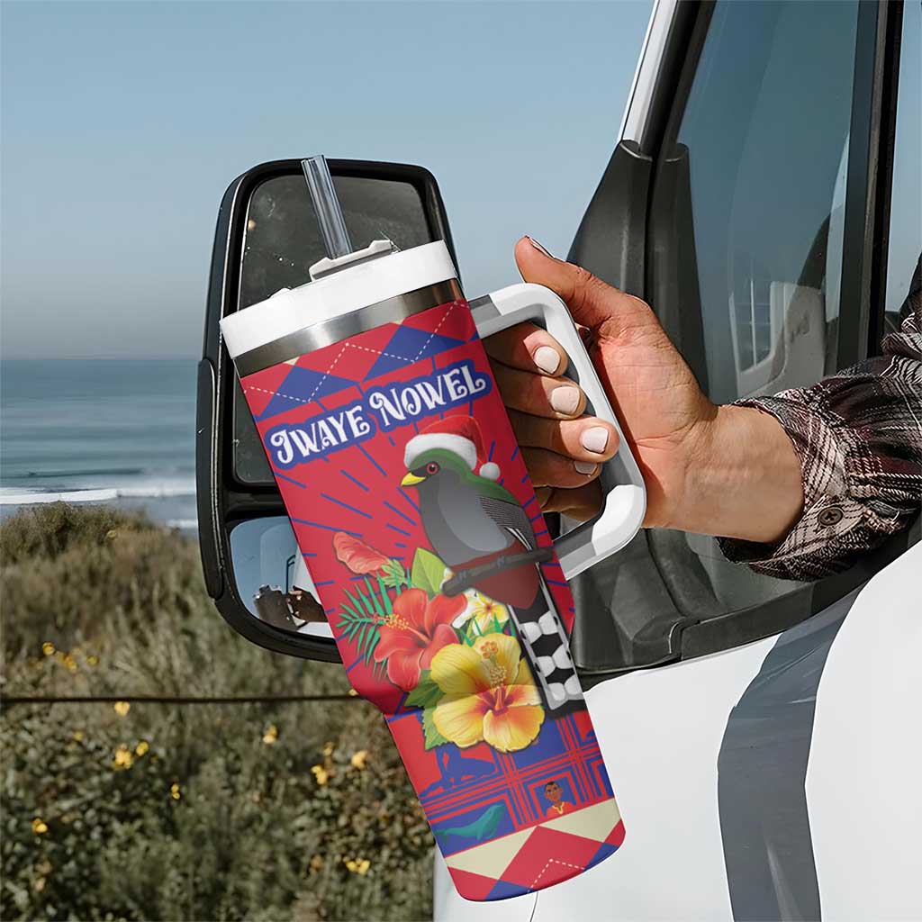 Personalized Haiti Jwaye Nowel Tumbler With Handle Hispaniolan Trogon With Hibiscus Flowers - Wonder Print Shop