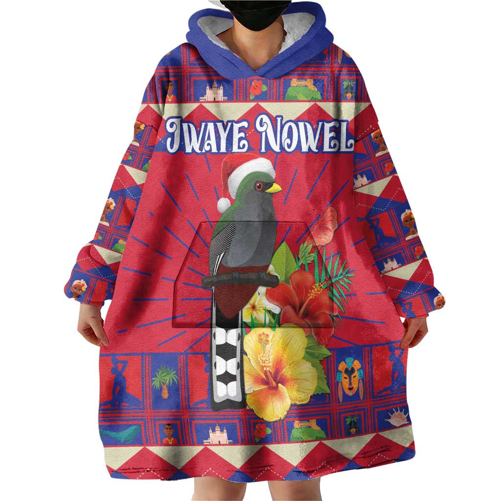Personalized Haiti Jwaye Nowel Wearable Blanket Hoodie Hispaniolan Trogon With Hibiscus Flowers - Wonder Print Shop