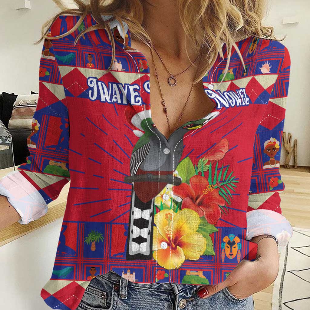 Personalized Haiti Jwaye Nowel Women Casual Shirt Hispaniolan Trogon With Hibiscus Flowers - Wonder Print Shop
